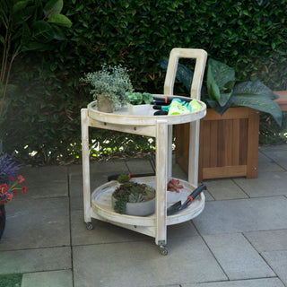Wooden 2-Tier Round Push Cart Storage with Wheels