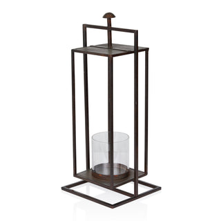 Small Bronze Rectangular Lantern with Glass Candle Holder