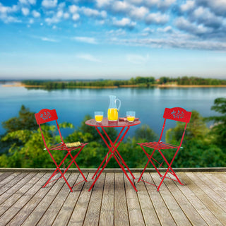 3-Piece Red Metal Bistro Set with Leaf Details