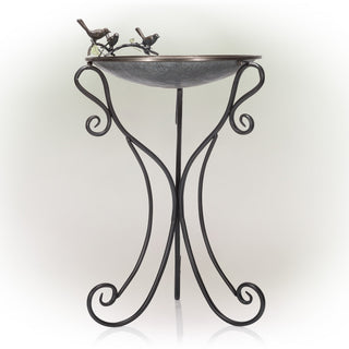Scrollwork Metal Birdbath with Birds and Leaves