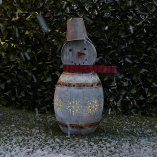 Weathered Barrel Snowman Décor with Warm White LED Lights
