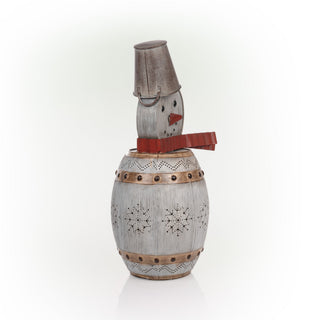 Weathered Barrel Snowman Décor with Warm White LED Lights