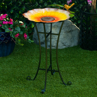 Metal Birdbath with Sunflower Pattern, with bird and leaf