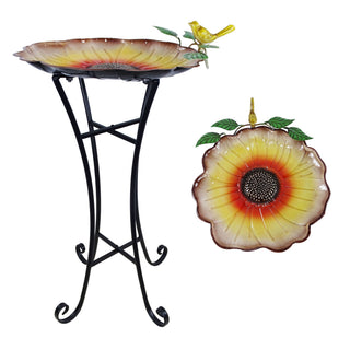 Metal Birdbath with Sunflower Pattern, with bird and leaf