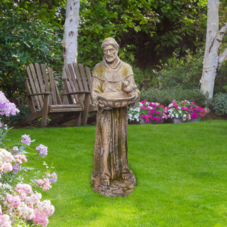 Old World St. Francis Statue w/Bird Feeder with Mossy Finish