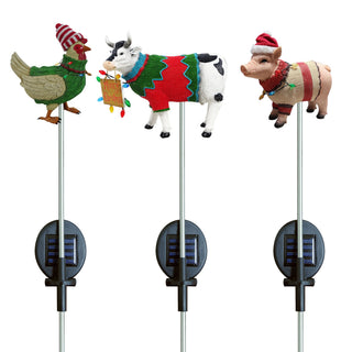 Solar Cow, Pig & Rooster Holiday Farm Stakes