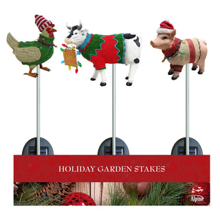 Solar Cow, Pig & Rooster Holiday Farm Stakes