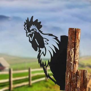 Farm Metal Rooster Peeking Fence or Post Decor