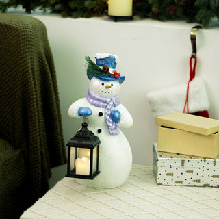 Lavender Winter Snowman Holding Lantern Statue w/Flash LED-SM