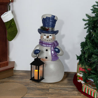 Lavender Winter Snowman Holding Lantern Statue w/Flash LED-LG