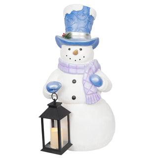 Lavender Winter Snowman Holding Lantern Statue w/Flash LED-LG