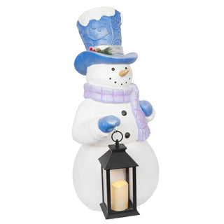 Lavender Winter Snowman Holding Lantern Statue w/Flash LED-LG