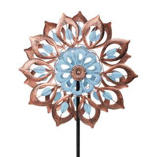 Blue and Copper Antique Flower Kinetic Wind Spinner Stake