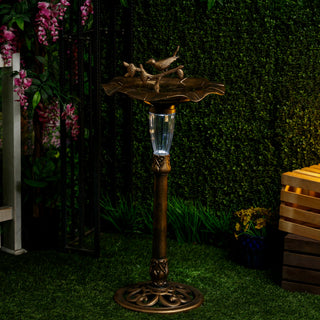 Solar Gold Birdbath with Birds and LED Light