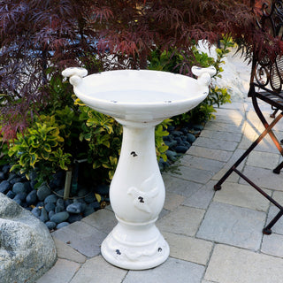 Antiqued Ceramic Birdbath with Birds