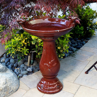 Antique Red Ceramic Birdbath with Birds