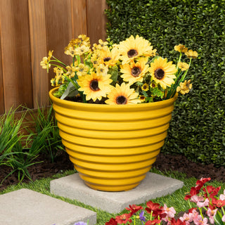 12" Yellow Ribbed Plastic Planter