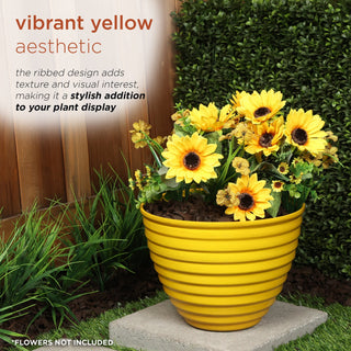 12" Yellow Ribbed Plastic Planter