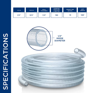 1/2" I.D. x 3/4" O.D. PVC Clear Braided Tubing x 100' Coil