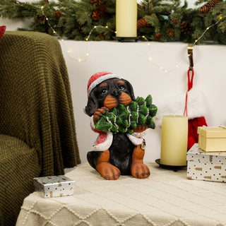 Christmas Santa Black and Tan Puppy Statue w/ Pine Tree