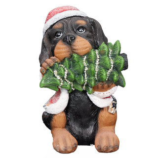 Christmas Santa Black and Tan Puppy Statue w/ Pine Tree