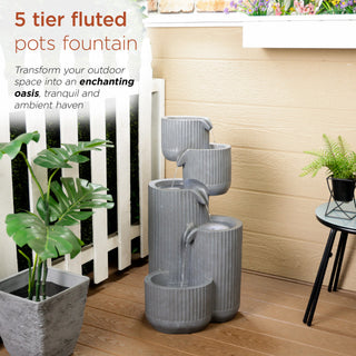 5-Tier Gray Fluted Pots Fountain with LED Lights