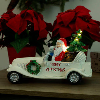 Merry Christmas Santa in Vintage White Car Statue w/LEDs