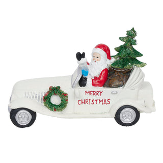 Merry Christmas Santa in Vintage White Car Statue w/LEDs