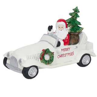 Merry Christmas Santa in Vintage White Car Statue w/LEDs