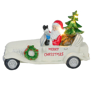 Merry Christmas Santa in Vintage White Car Statue w/LEDs