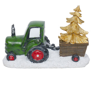 Holiday Green Tractor Pulling Tree Statue with LED Lights