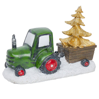 Holiday Green Tractor Pulling Tree Statue with LED Lights