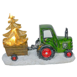 Holiday Green Tractor Pulling Tree Statue with LED Lights
