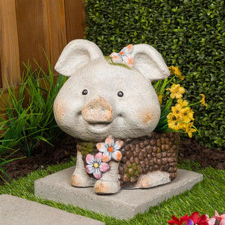 Smiling Pig Statue Planter with Drainage Hole