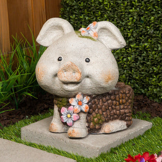 Smiling Pig Statue Planter with Drainage Hole