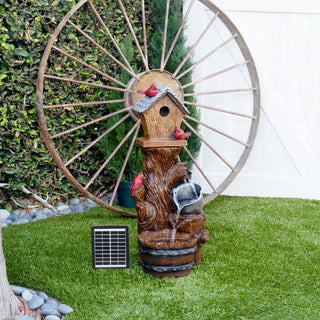 Solar Cardinal Birdhouse Cascading Barrel Fountain