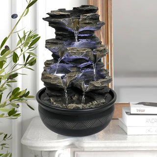 ZEN Flowing Fountain 15.7-inch Tall Rock Cascading Zen Meditation Tabletop Fountain with LED Light